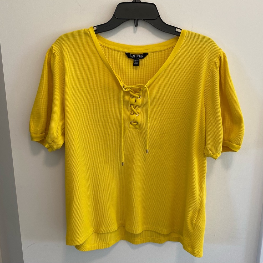 Yellow X-Large Ralph Lauren short puff sleeve shirt w/ drawstring in front
